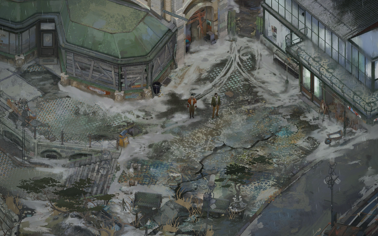 Harry and Kim stand in the rain-soaked, snow-dusted Martinaise plaza, surrounded by painted buildings, broken paving and the Whirling-in-Rags.